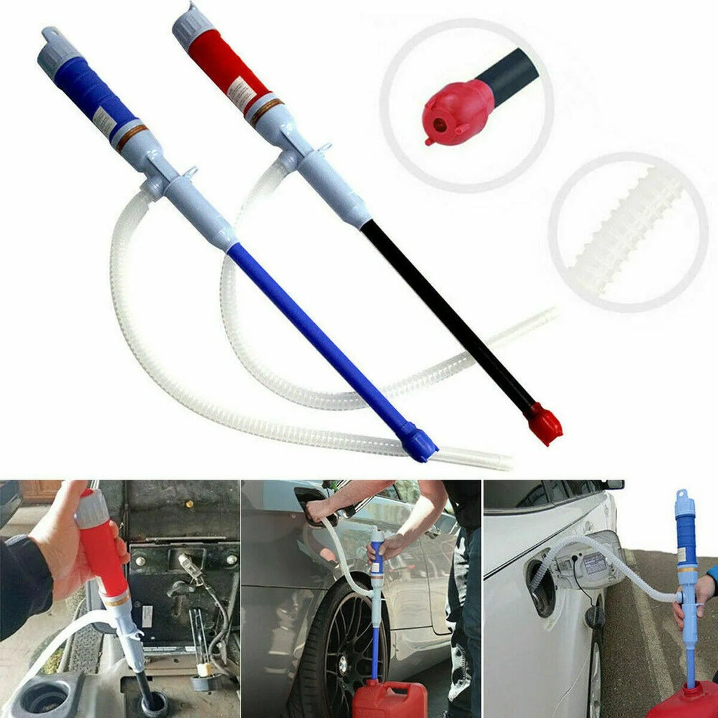 Red and blue manual hand pump siphon for transferring fuel oil and gasoline