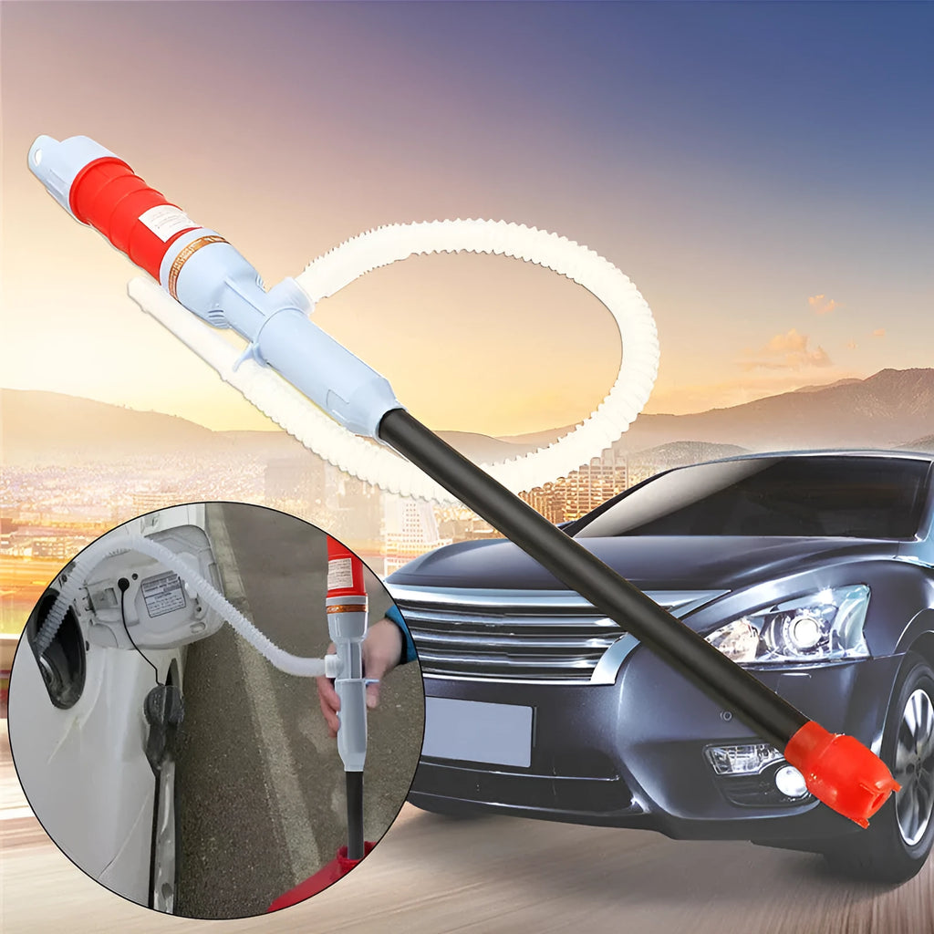 Red and blue manual hand pump siphon for transferring fuel oil and gasoline