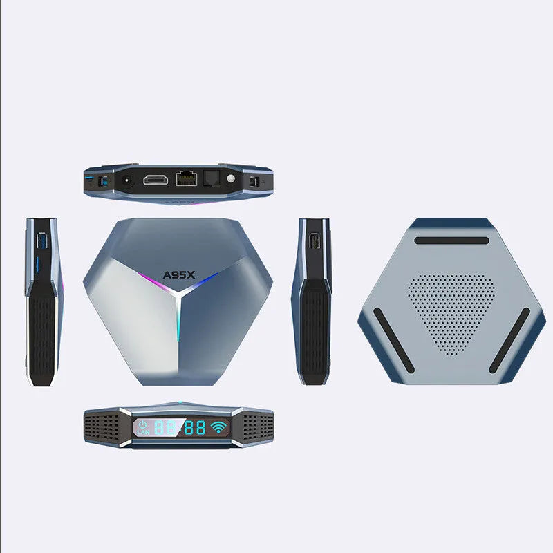 Android 8K TV set-top box with remote control, HDMI cable, and power adapter.