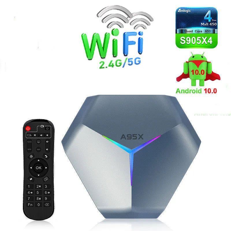 Android 8K TV set-top box with remote control, HDMI cable, and power adapter.