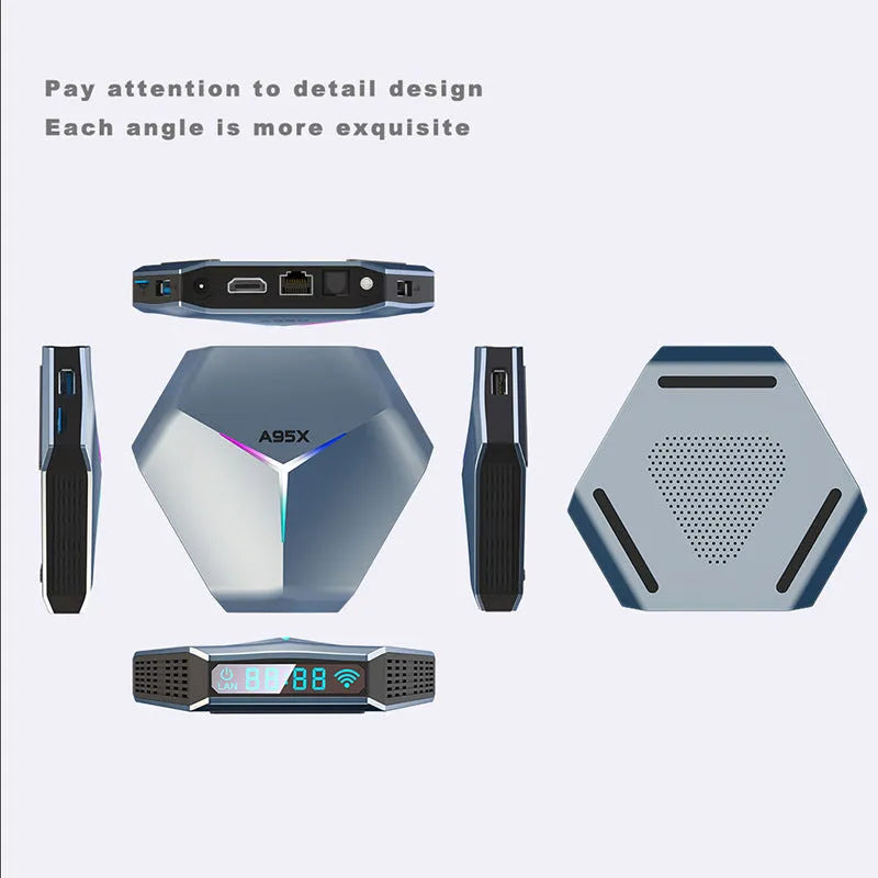 Android 8K TV set-top box with remote control, HDMI cable, and power adapter.