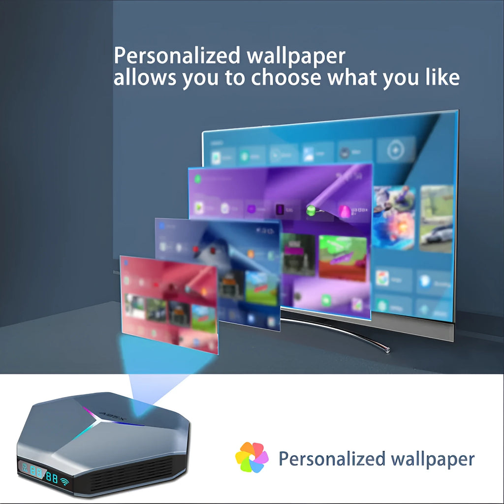 Android 8K TV set-top box with remote control, HDMI cable, and power adapter.