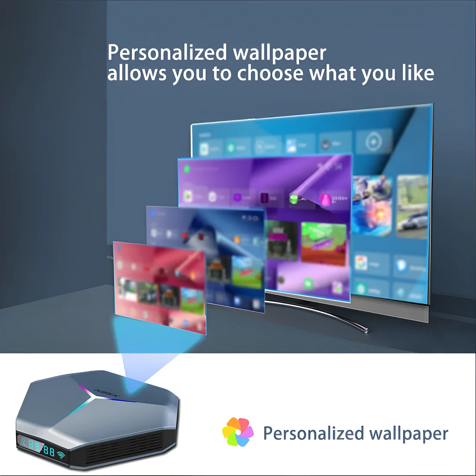 Android 8K TV set-top box with remote control, HDMI cable, and power adapter.