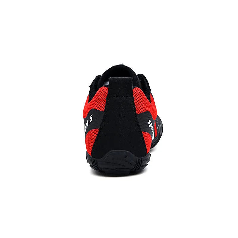 A pair of quick-drying outdoor wading shoes with mesh upper and rubber soles in red colour