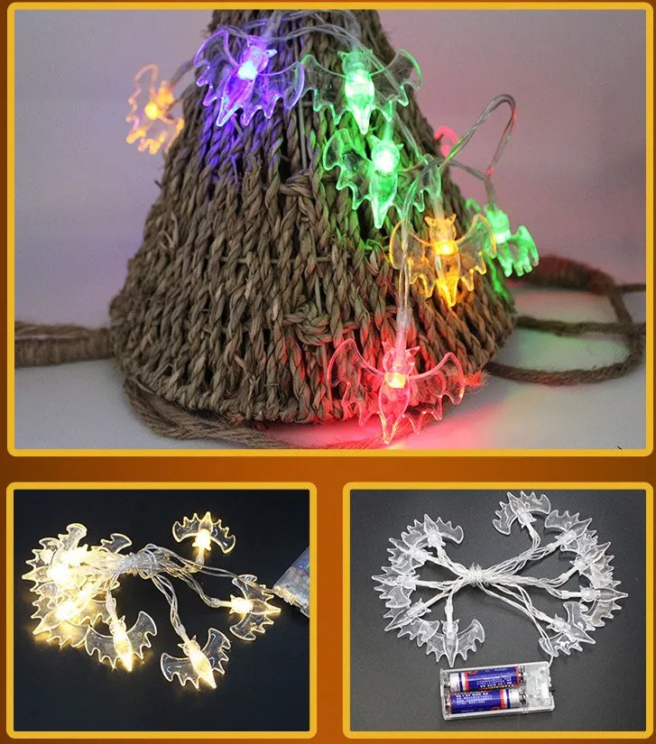 Halloween LED string lights with pumpkin, ghost and bat pendants on 1.2 metre battery-powered cord