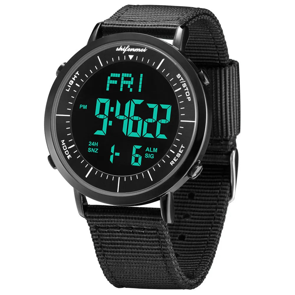 Shifenmei digital sports watch with black casing showing 10 metre water resistance on display
