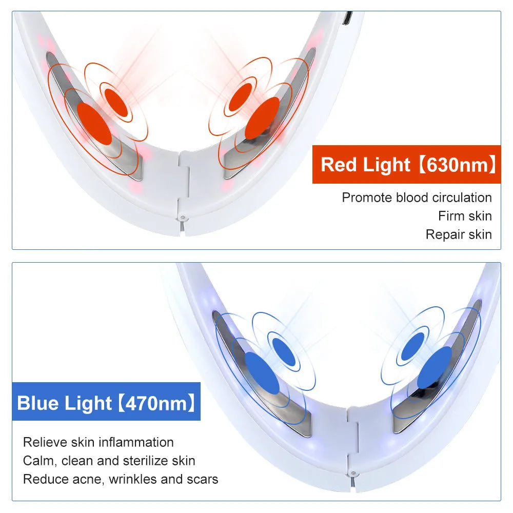 White handheld facial lifting device with LED lights for red and blue light therapy skincare treatment.