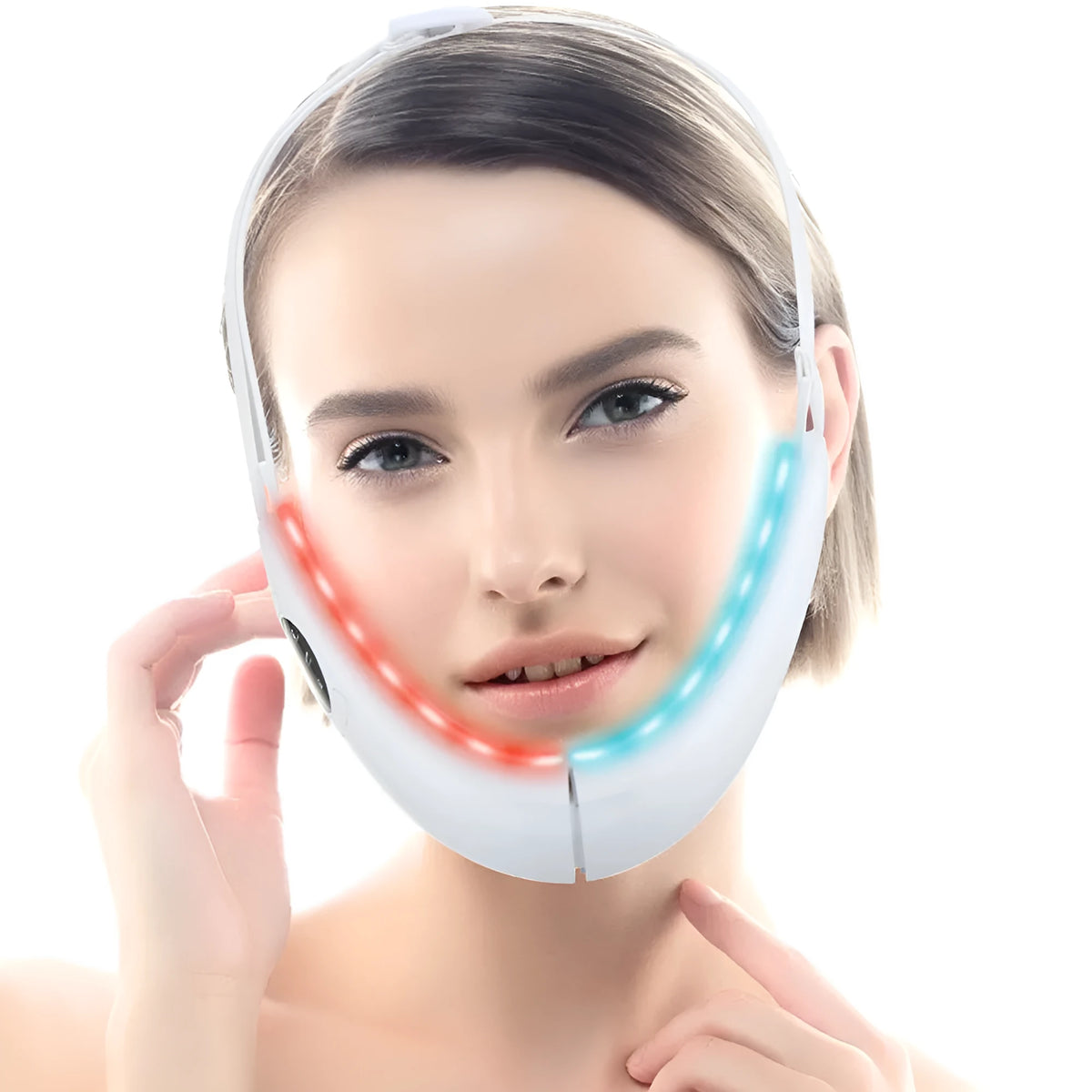 White handheld facial lifting device with LED lights for red and blue light therapy skincare treatment.