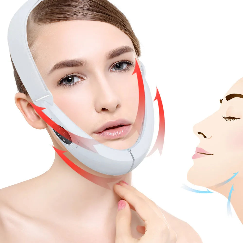 White handheld facial lifting device with LED lights for red and blue light therapy skincare treatment.