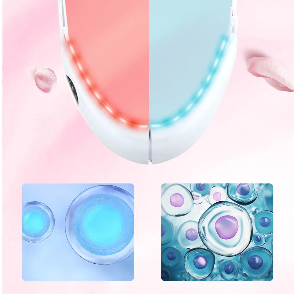 White handheld facial lifting device with LED lights for red and blue light therapy skincare treatment.