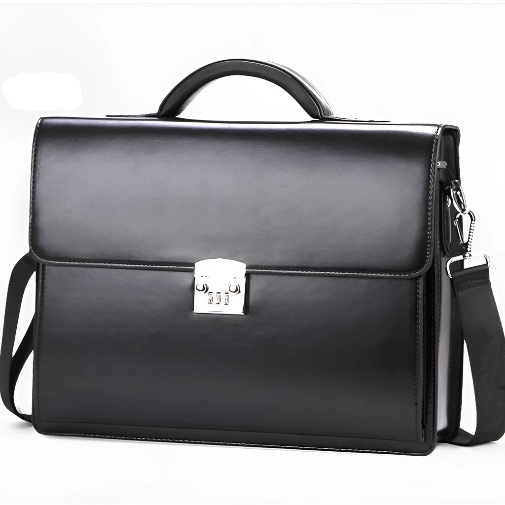 Men's black PU leather business briefcase with horizontal design and zipper compartments