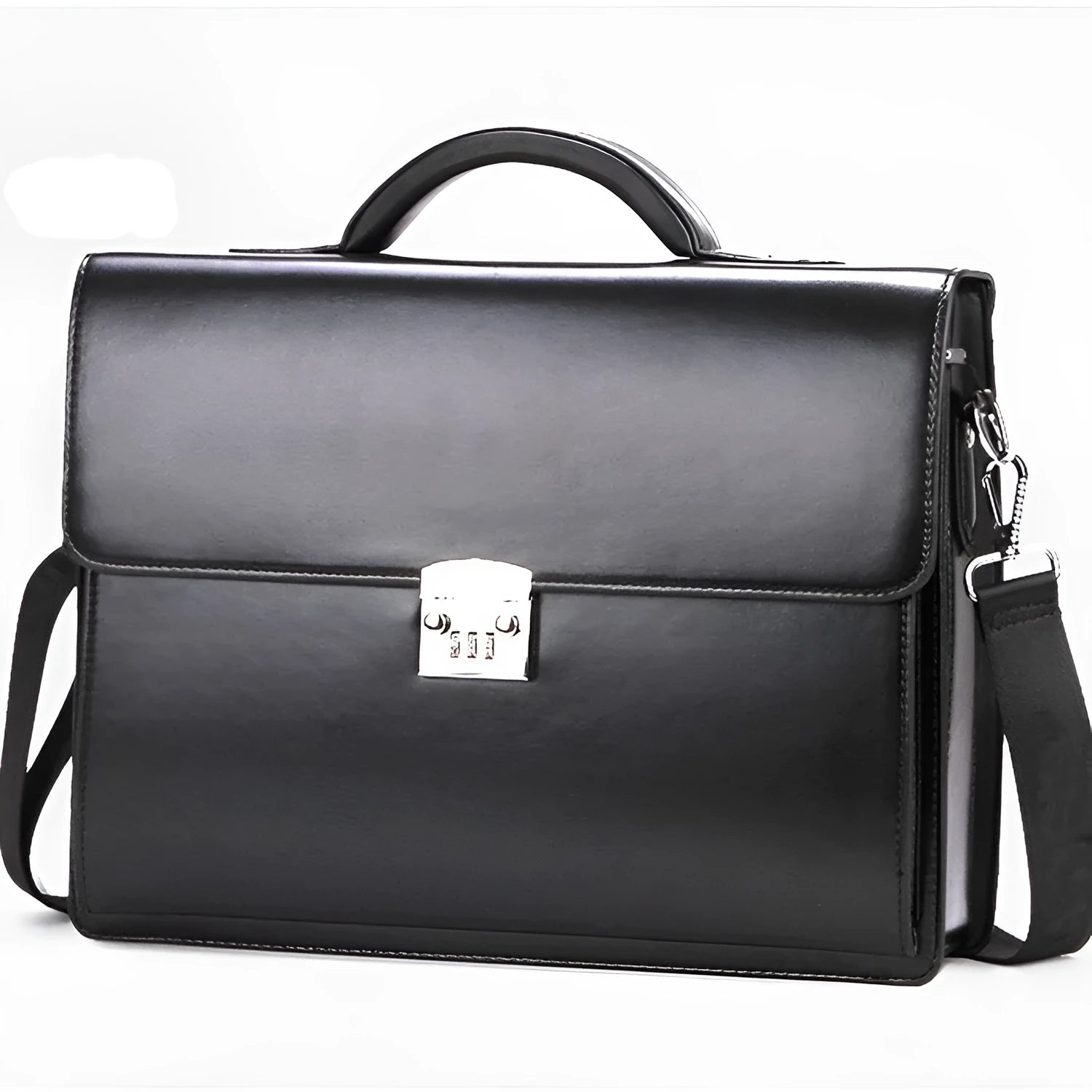Men's black PU leather business briefcase with horizontal design and zipper compartments