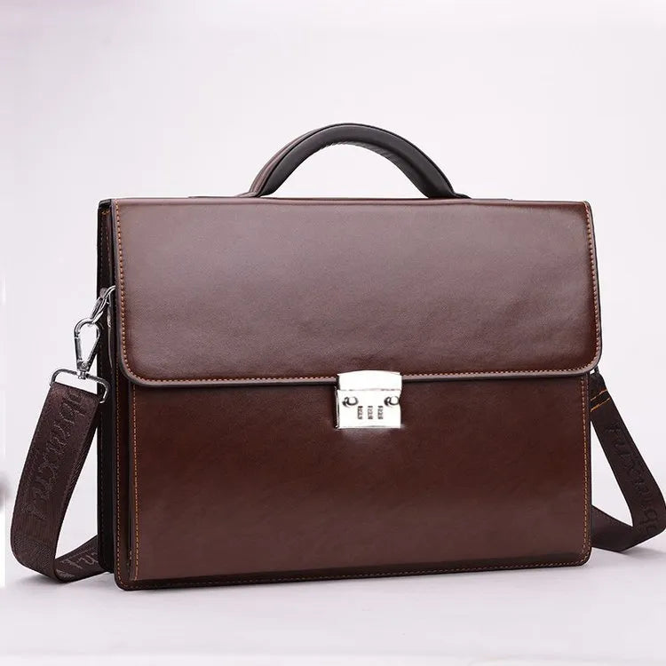 Men's black PU leather business briefcase with horizontal design and zipper compartments
