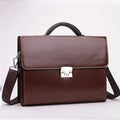 Men's black PU leather business briefcase with horizontal design and zipper compartments