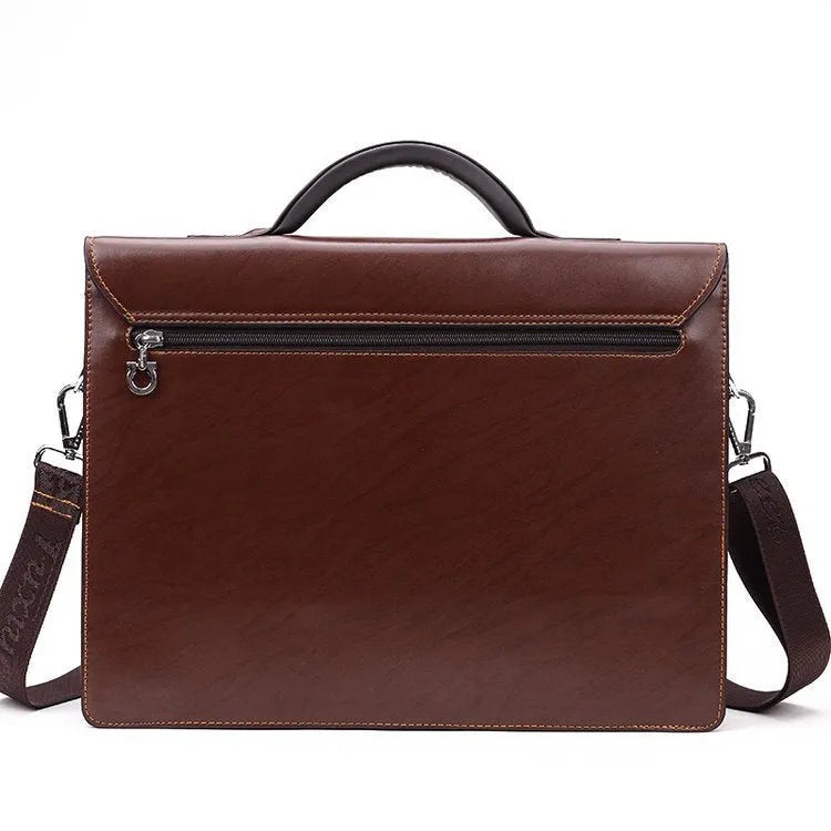Men's black PU leather business briefcase with horizontal design and zipper compartments