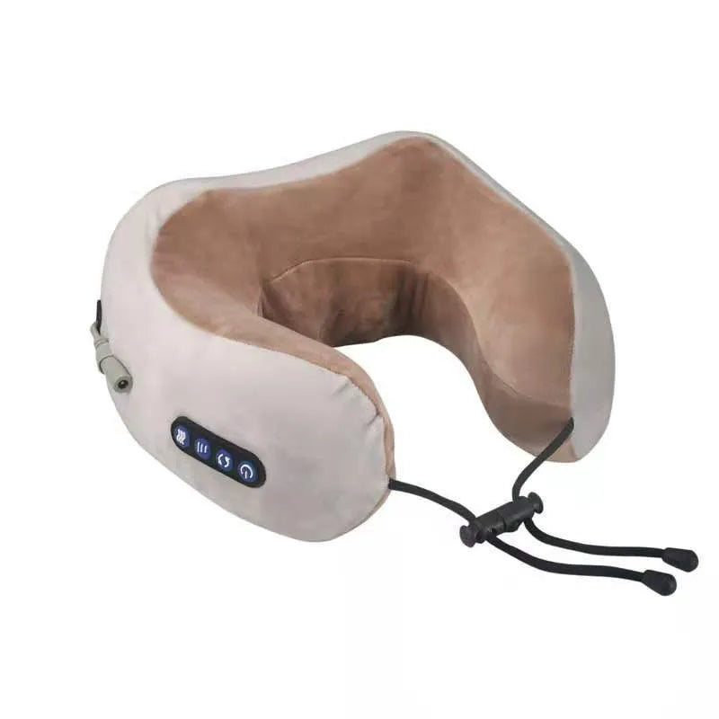 Brown U-shaped electric neck massager with controls for kneading and heat functions