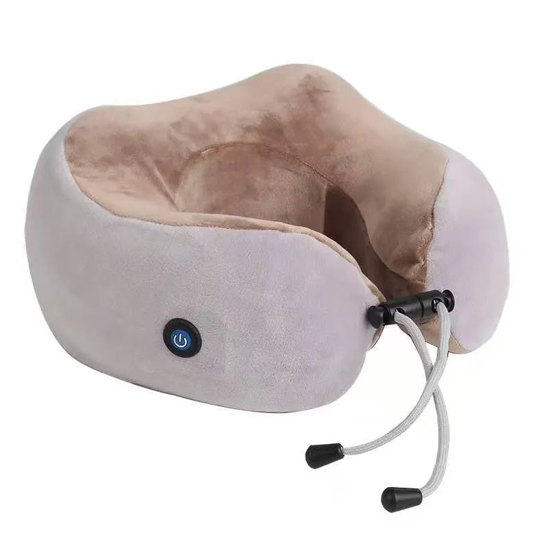 Brown U-shaped electric neck massager with controls for kneading and heat functions