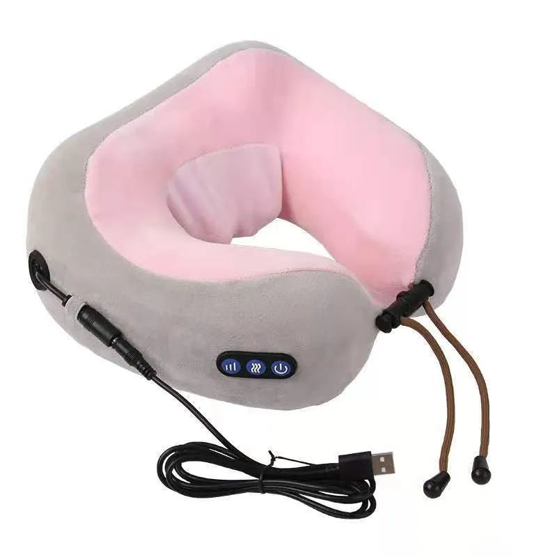 Brown U-shaped electric neck massager with controls for kneading and heat functions
