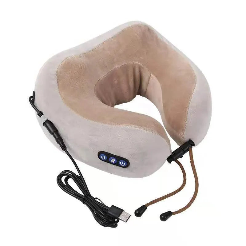 Brown U-shaped electric neck massager with controls for kneading and heat functions