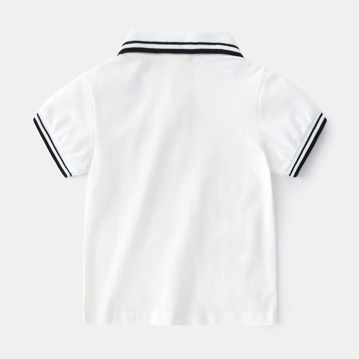 Boys white and black cotton polo shirt with short sleeves and round neck