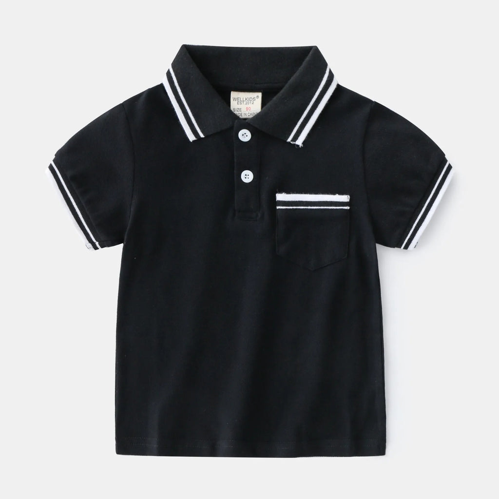 Boys white and black cotton polo shirt with short sleeves and round neck