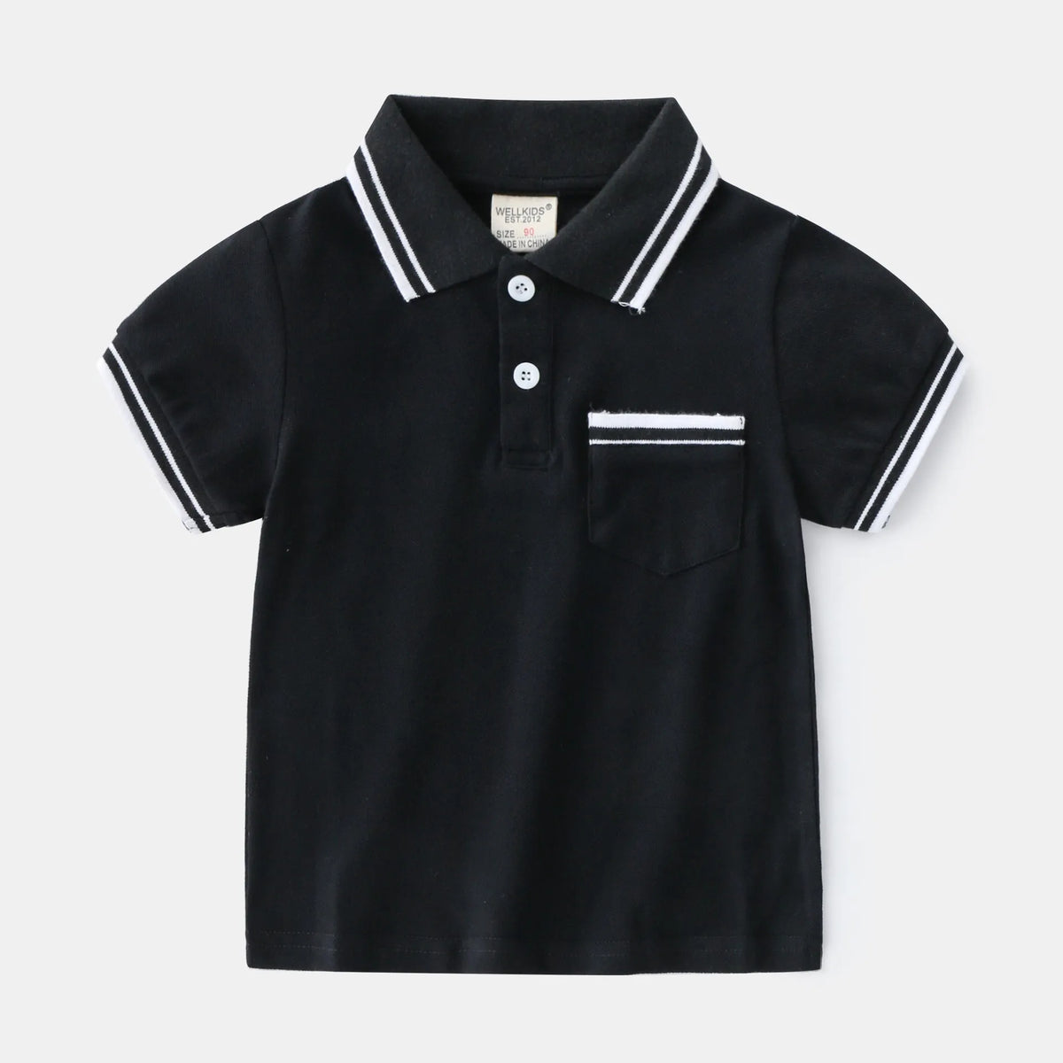Boys white and black cotton polo shirt with short sleeves and round neck