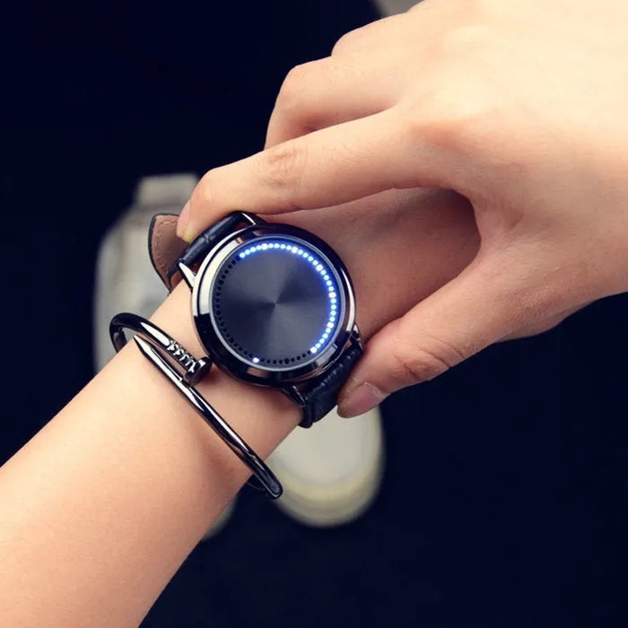 Electronic digital watch with blue LED light display in black or white casual style case