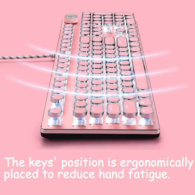 Pink and silver mechanical keyboard with white backlighting and green switches