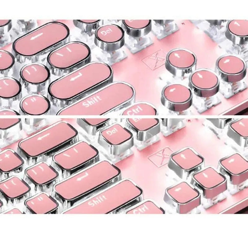 Pink and silver mechanical keyboard with white backlighting and green switches