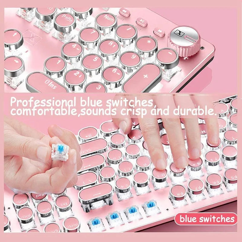 Pink and silver mechanical keyboard with white backlighting and green switches