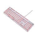 Pink and silver mechanical keyboard with white backlighting and green switches