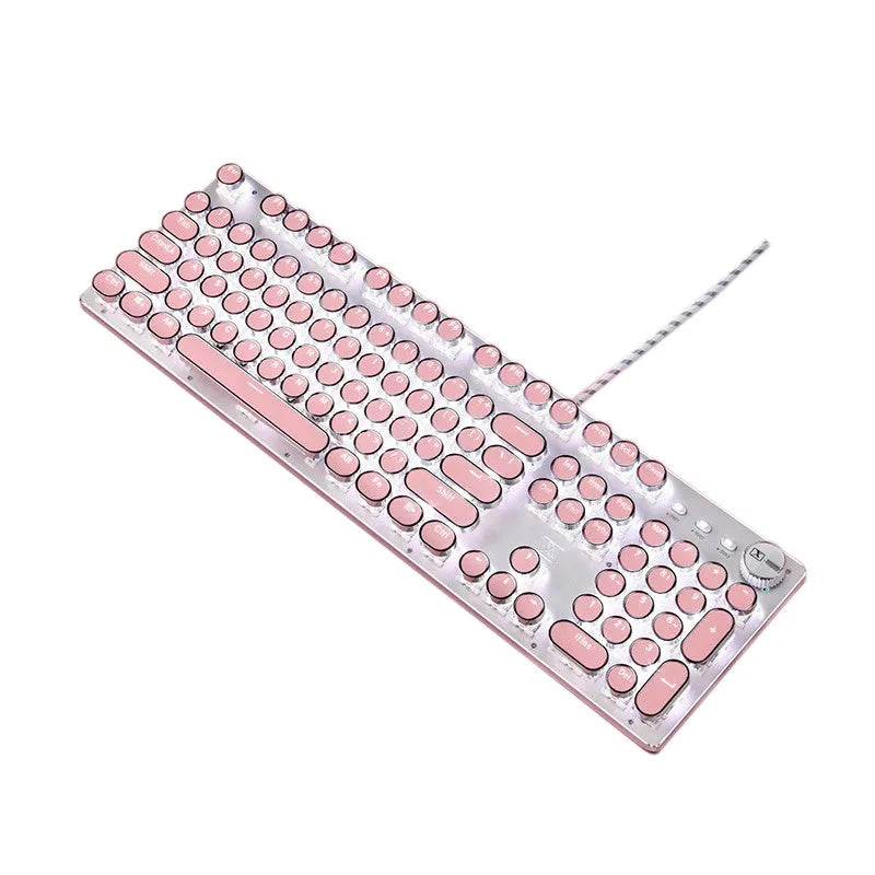 Pink and silver mechanical keyboard with white backlighting and green switches