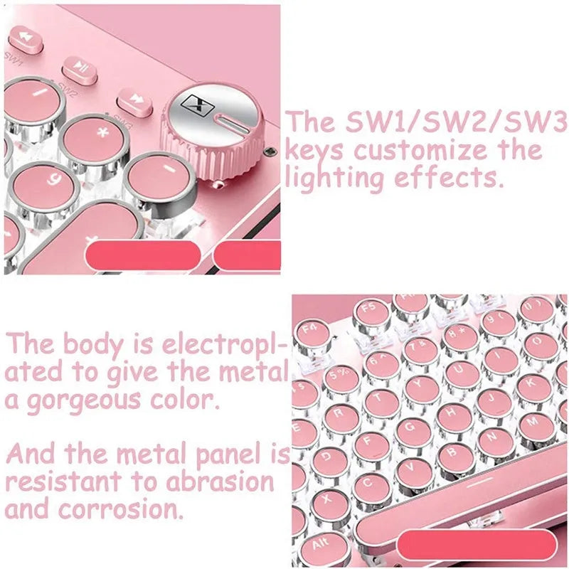 Pink and silver mechanical keyboard with white backlighting and green switches