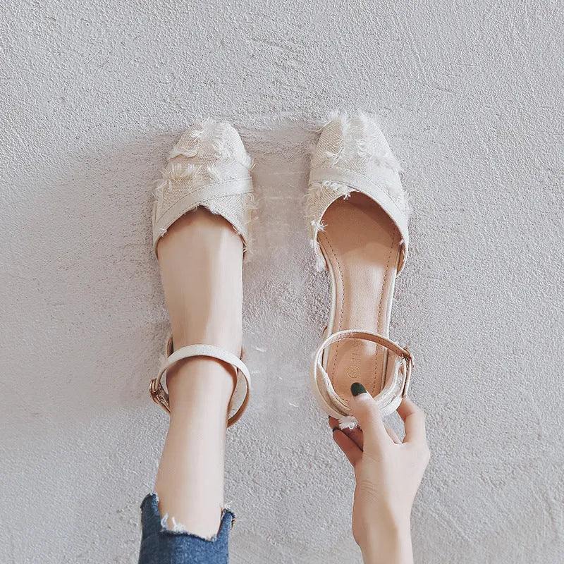 Women's apricot suede d'Orsay flats with ankle strap and low 3cm heel