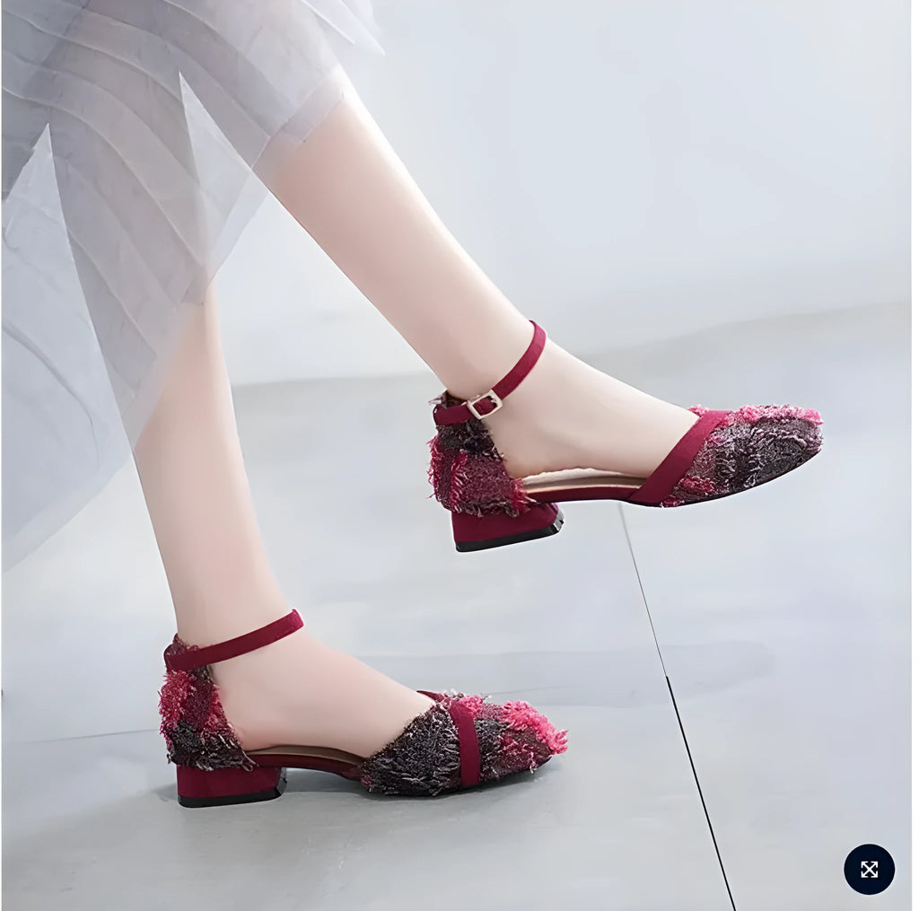 Women's apricot suede d'Orsay flats with ankle strap and low 3cm heel