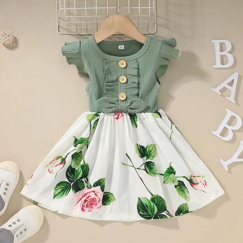 Sleeveless summer dress for toddler girl on hanger, shown in one of five colour options.