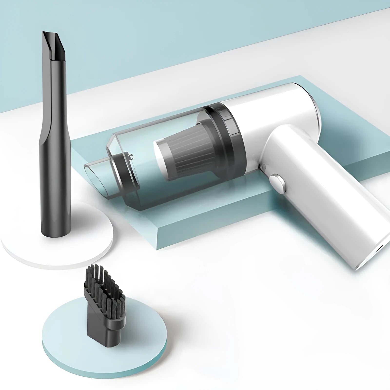Black and white wireless handheld car vacuum cleaner with compact ABS plastic body.