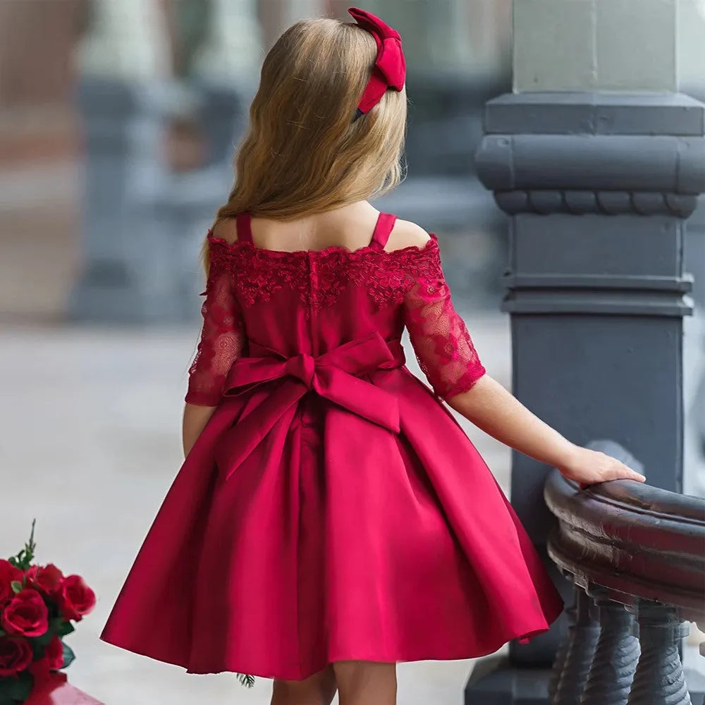 Simple style girls dress with lace detail in colours deep red, pink, red, white, or green.