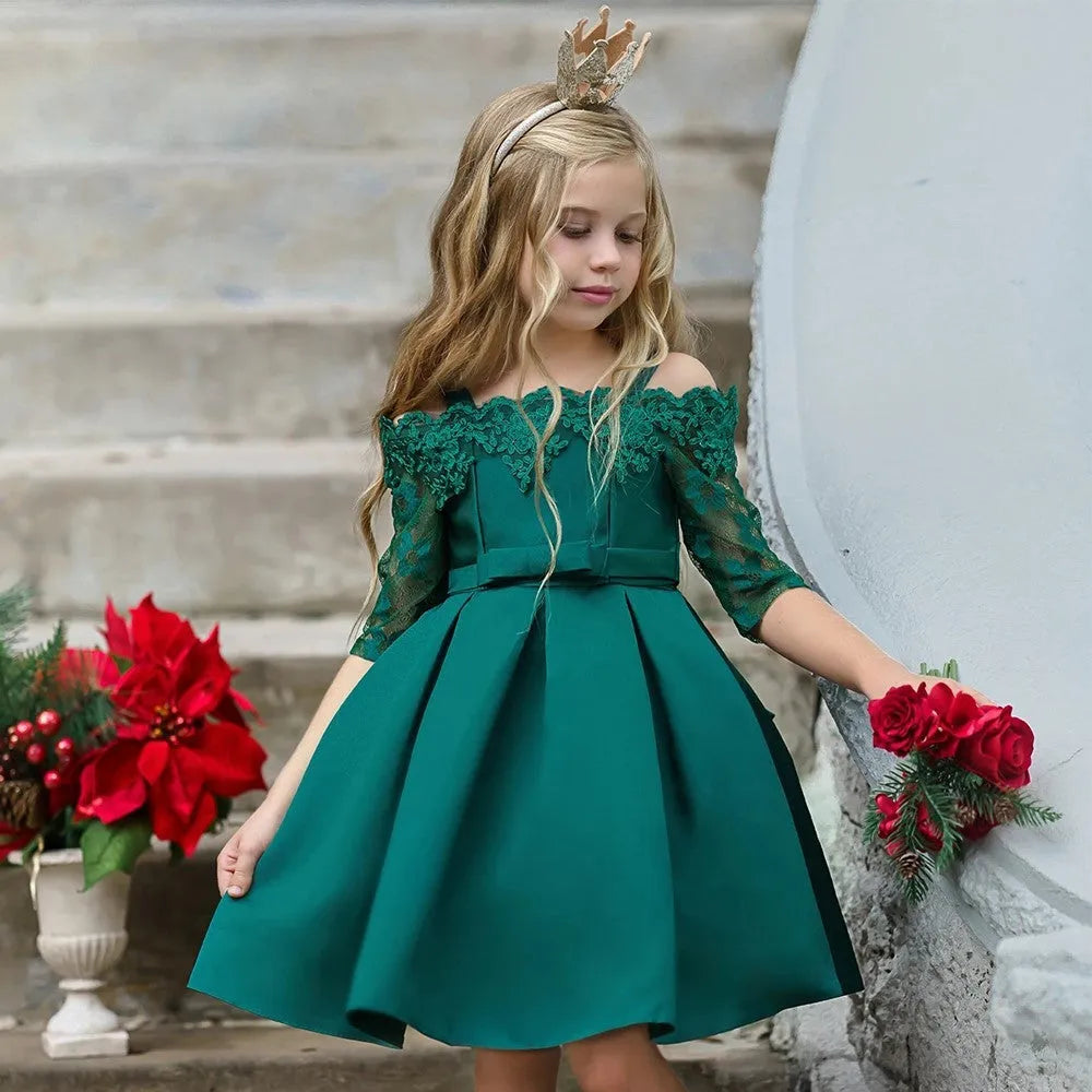 Simple style girls dress with lace detail in colours deep red, pink, red, white, or green.