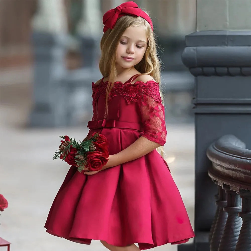 Simple style girls dress with lace detail in colours deep red, pink, red, white, or green.
