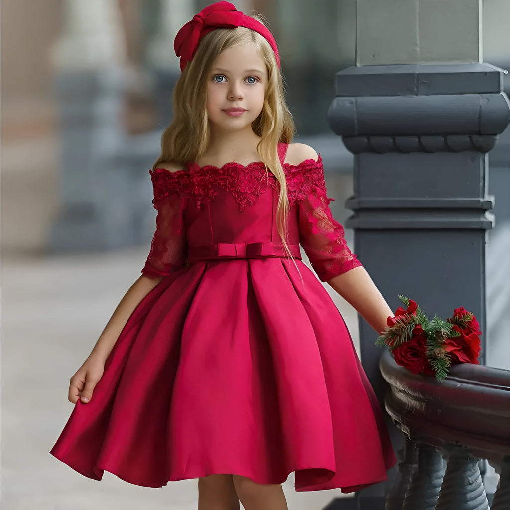 Simple style girls dress with lace detail in colours deep red, pink, red, white, or green.