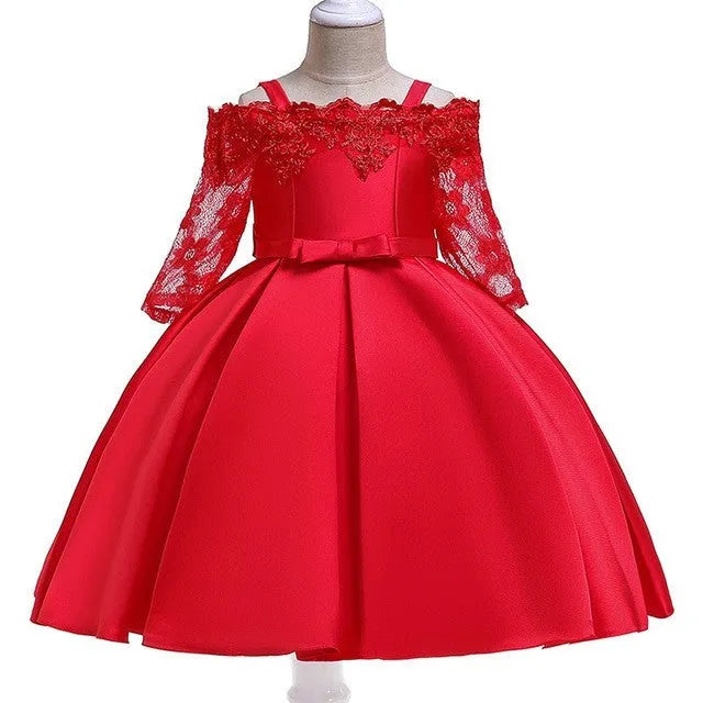 Simple style girls dress with lace detail in colours deep red, pink, red, white, or green.