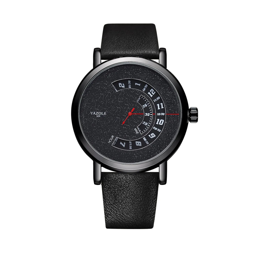 Men's turntable-style quartz watch with metal case and mineral glass lens on a strap.