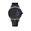 Men's turntable-style quartz watch with metal case and mineral glass lens on a strap.