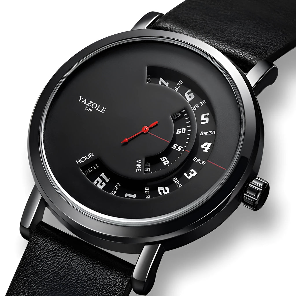 Men's turntable-style quartz watch with metal case and mineral glass lens on a strap.