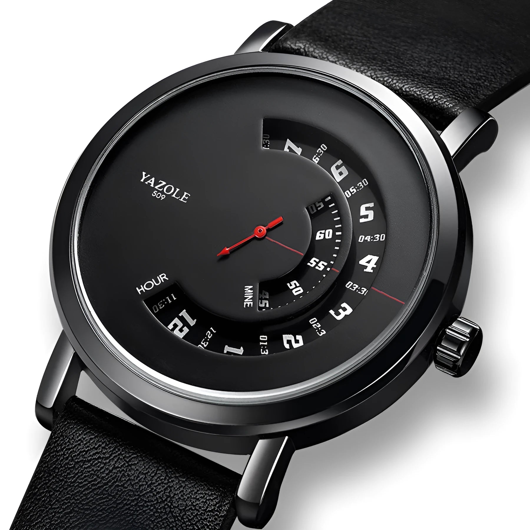 Men's turntable-style quartz watch with metal case and mineral glass lens on a strap.