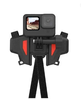 Black GoPro motorcycle helmet chin strap mounting bracket with silicone strap and stainless steel clip