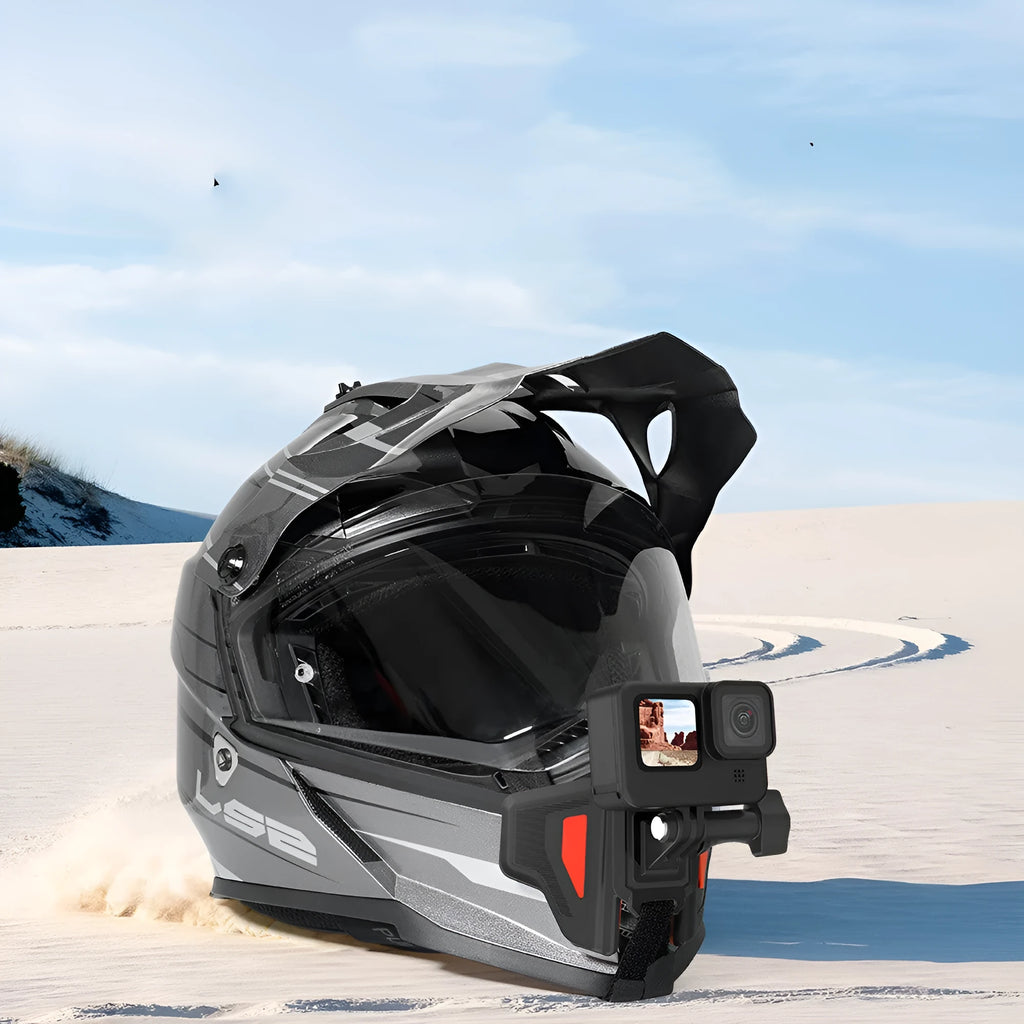 Black GoPro motorcycle helmet chin strap mounting bracket with silicone strap and stainless steel clip