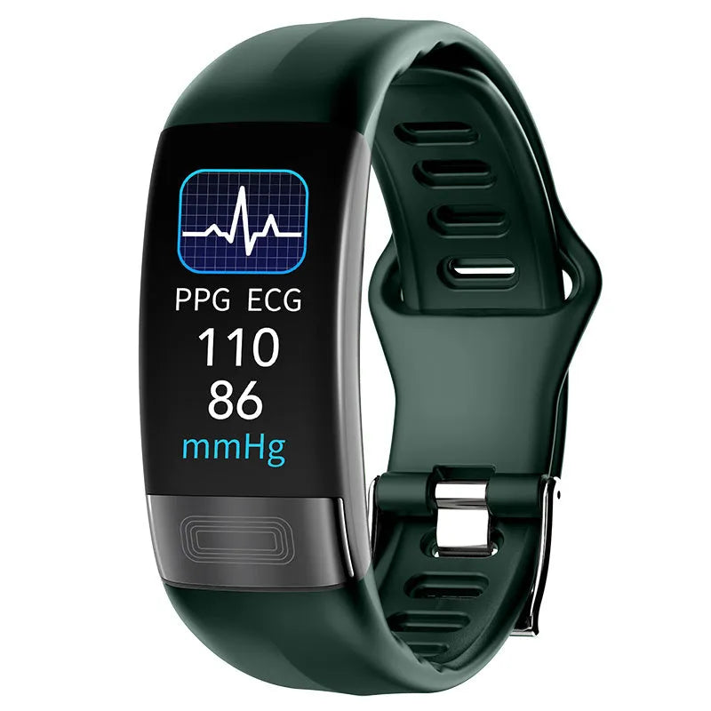 Smart health bracelet with ECG and blood pressure monitoring on wrist in black colour