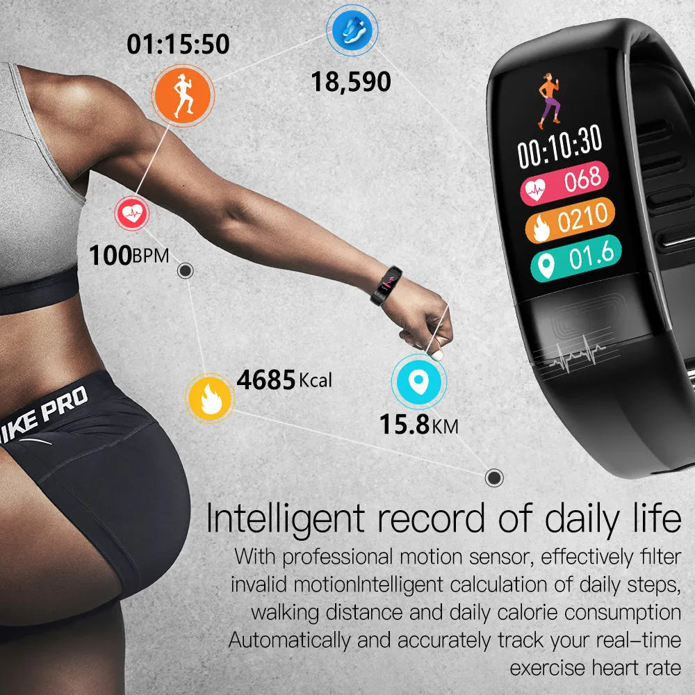 Smart health bracelet with ECG and blood pressure monitoring on wrist in black colour